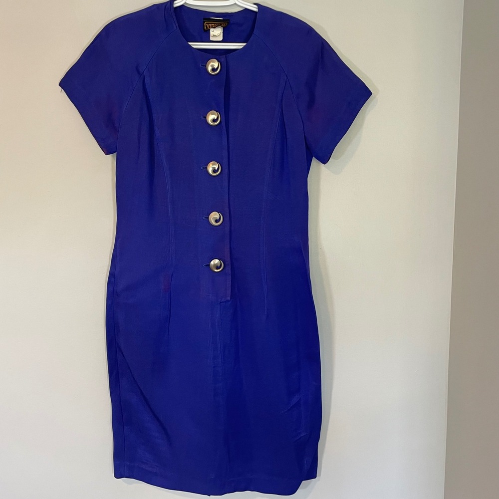 VTG Virgo II Cobalt Blue‎ Shift Dress Silver Swirl Buttons Size 6 80s Secretary